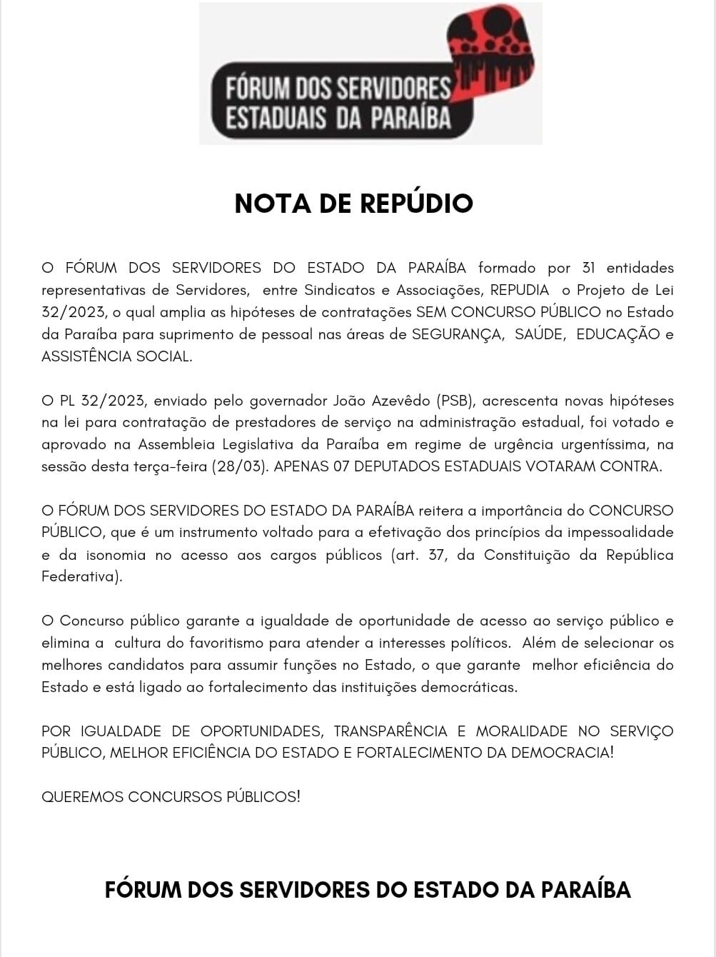 Fórum de Servidores da Paraíba publica nota de repúdio nesta quarta-feira