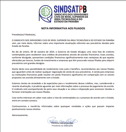 SINDSAT Publica nota informativa aos filiados