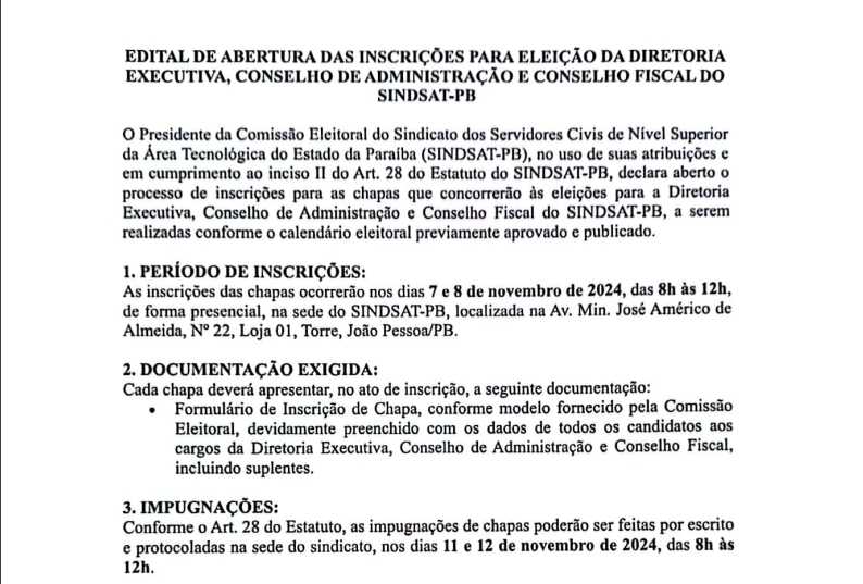 Edital de Inscrições para Eleição da Diretoria e Conselhos do SINDSAT-PB