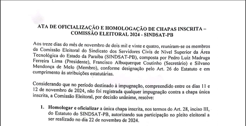 ATA DE OFICIALIZACAO E HOMOLOGAÇÃO DE CHAPAS INSCRITAS